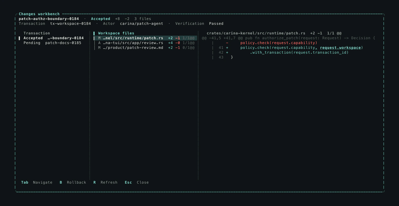 Carina Fullscreen changes workbench showing transactions, files, and numbered diff hunks