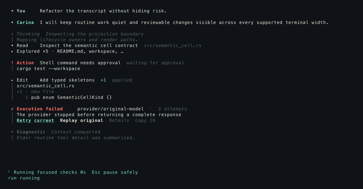 Real Carina TUI showing transcript, approval, edit, and composer status